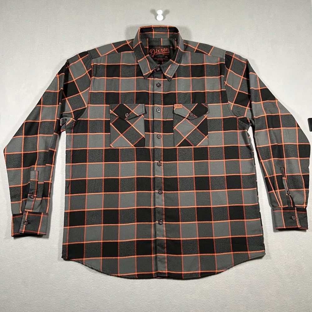 Dixxon Heritage Men's XL Gray/Black/Orange Plaid Long Sleeve Button-Up pre pleat
