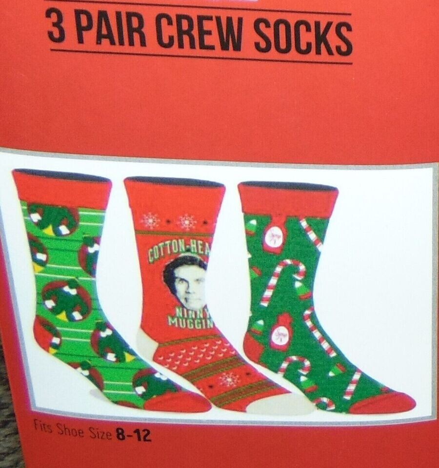 New Christmas ELF Crew Socks X 3 Adult Shoe Size 8-12 By BioWorld