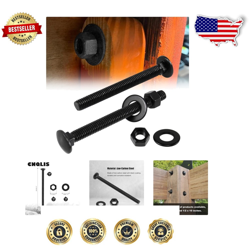 Precision Engineered 12PCS Carriage Bolt Kit - Black, Rust Resistant Fasteners