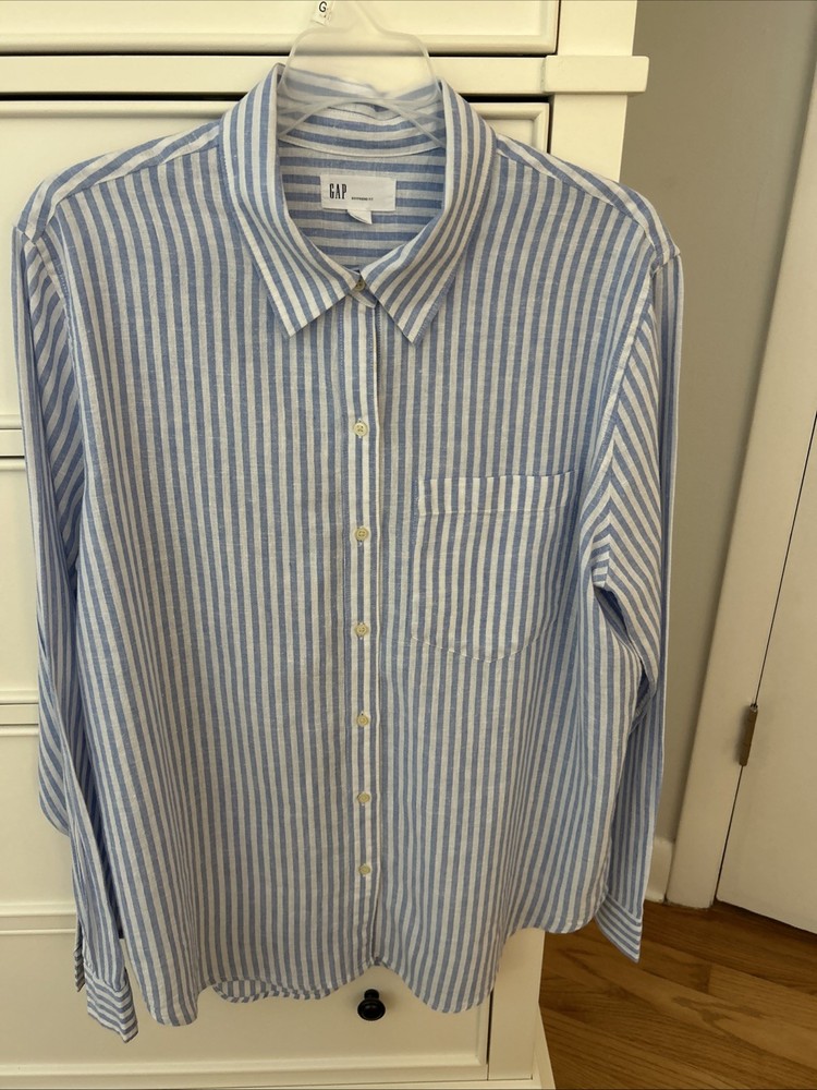 Gap Women's Striped Long Sleeve, Size L, Linen, Button Up, Collared, One Pocket