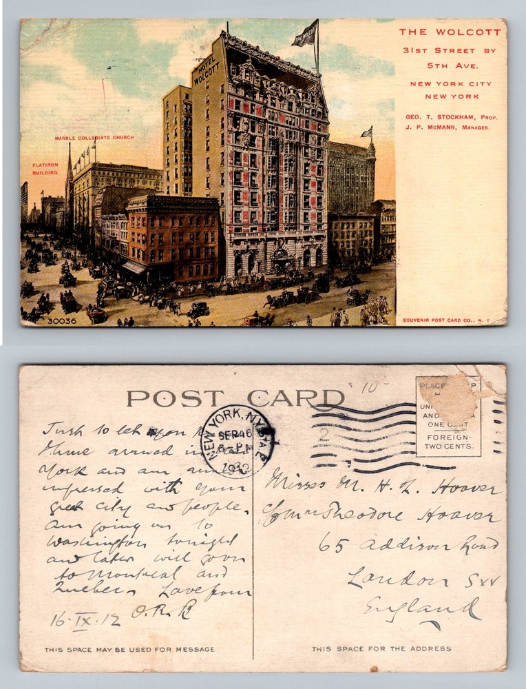 New York, NY-New York, Hotel Wolcott 31st Street 5th Ave Vintage c1912 Postcard