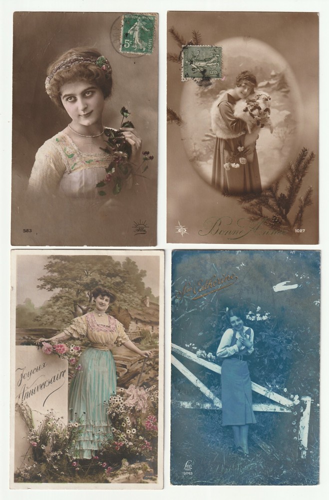 5 Antique French Romantic Postcards Hand Colored Early 1900s