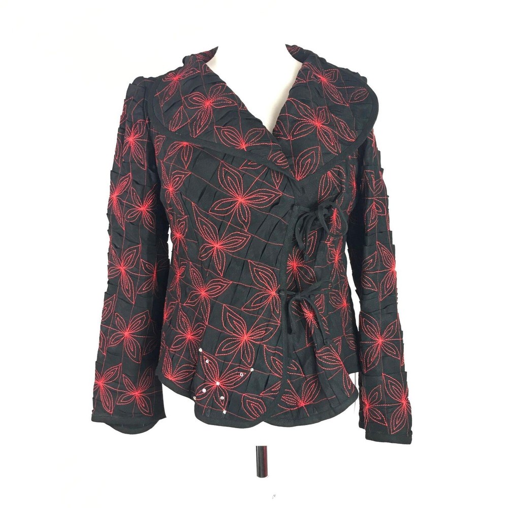 Aiste Quilted Floral Blazer Jacket Black Sz 16 Linen Mix Embroidered Tie Front