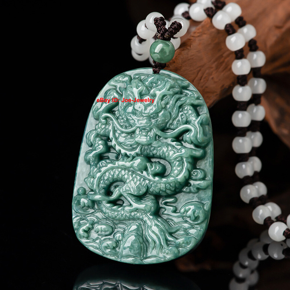 Natural Grade A Green Jade Dragon Oval Pendant 57.5mm H Chinese Amulet