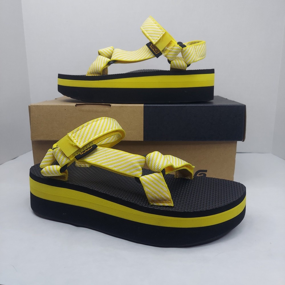TEVA Flatform Universal Black/Yellow White Candy Stripe Platform Sandal 7 Womens