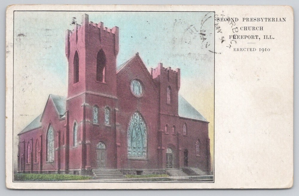 1912 Freeport, IL Second Presbyterian Church Postcard, Posted to Canada
