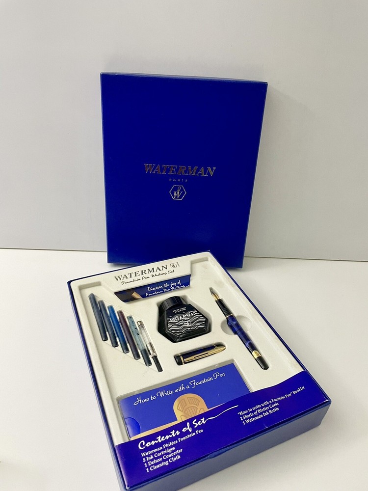 Unused Waterman Phileas Blue Marble Fountain Pen Writing Set Complete