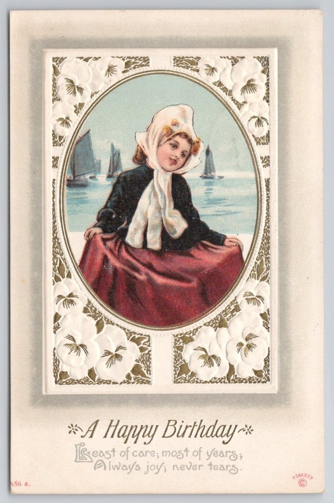 1912 Embossed Birthday Postcard Girl by Sea Sailboats Hampton NJ Postmarked