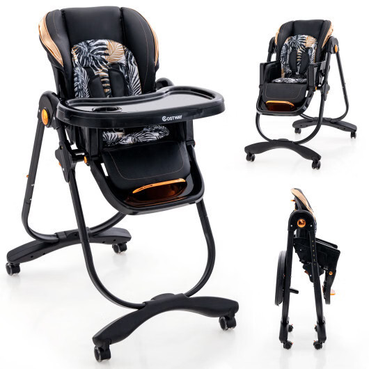 Folding Baby Dining High Chair with Adjustable Height and Recline-Black - Color: