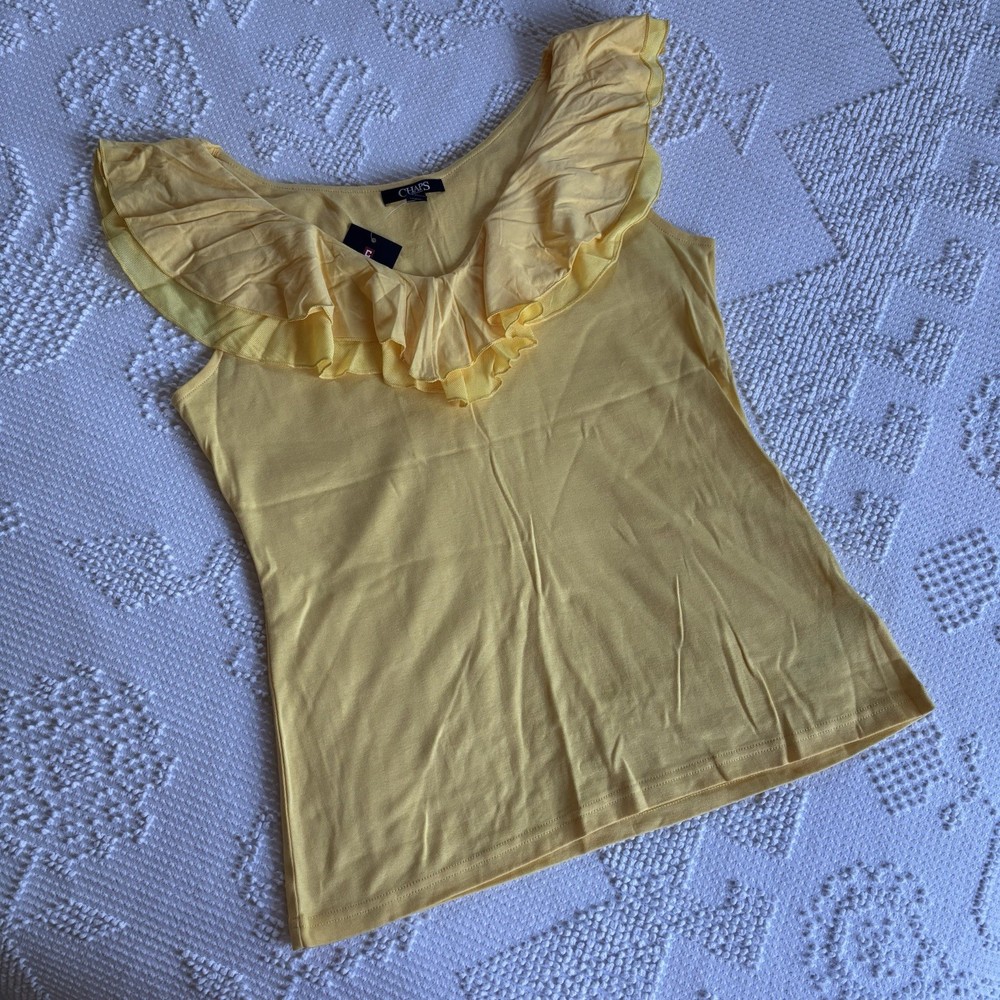 NWT Chaps women’s size large yellow v neck tank top with layered ruffle neckline