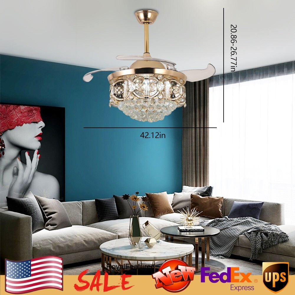 42-Inch Gold Crystal LED Ceiling Fan Chandelier with Remote Modern Design