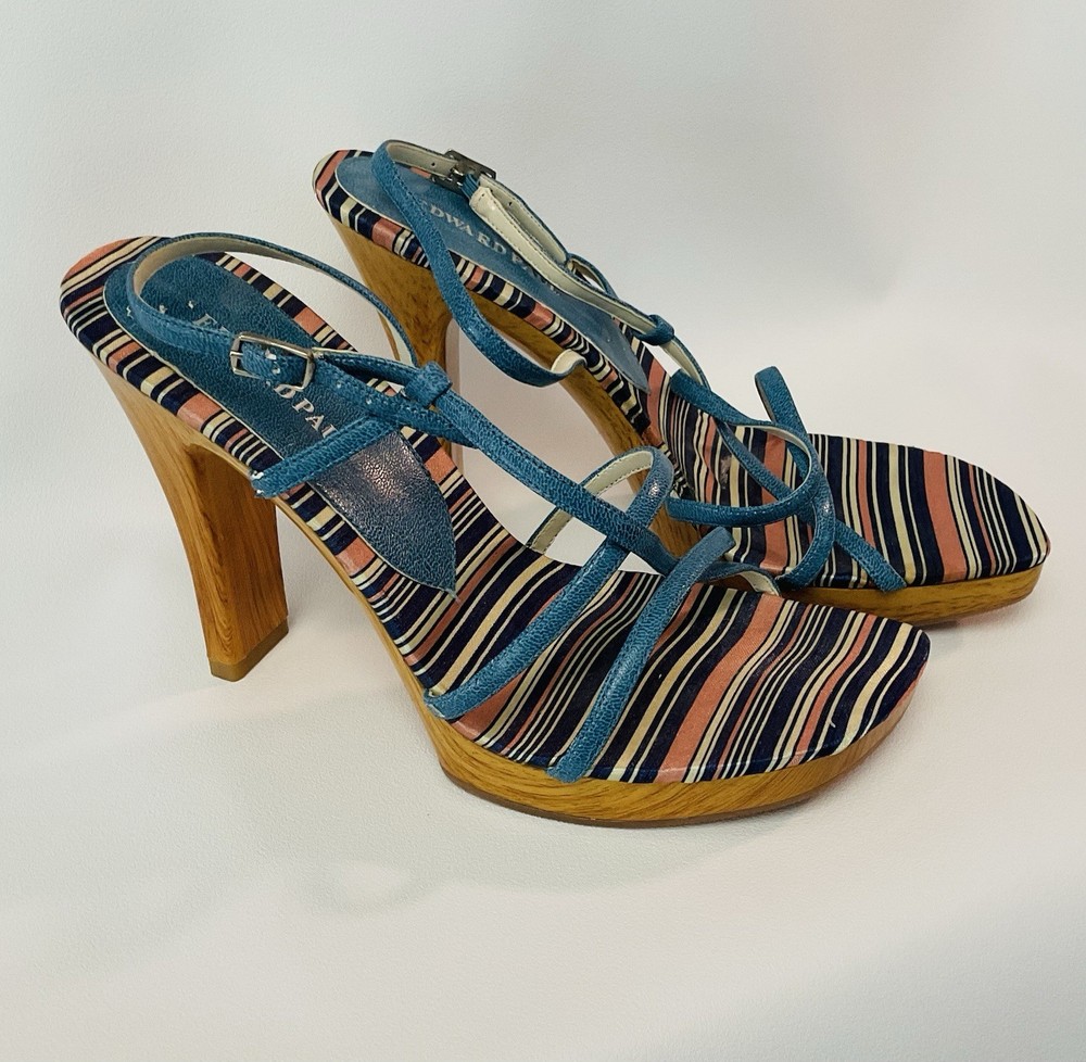Edward Paul Women’s Platform Sandals Size 8 Blue with Stripes 5 Inch Heel