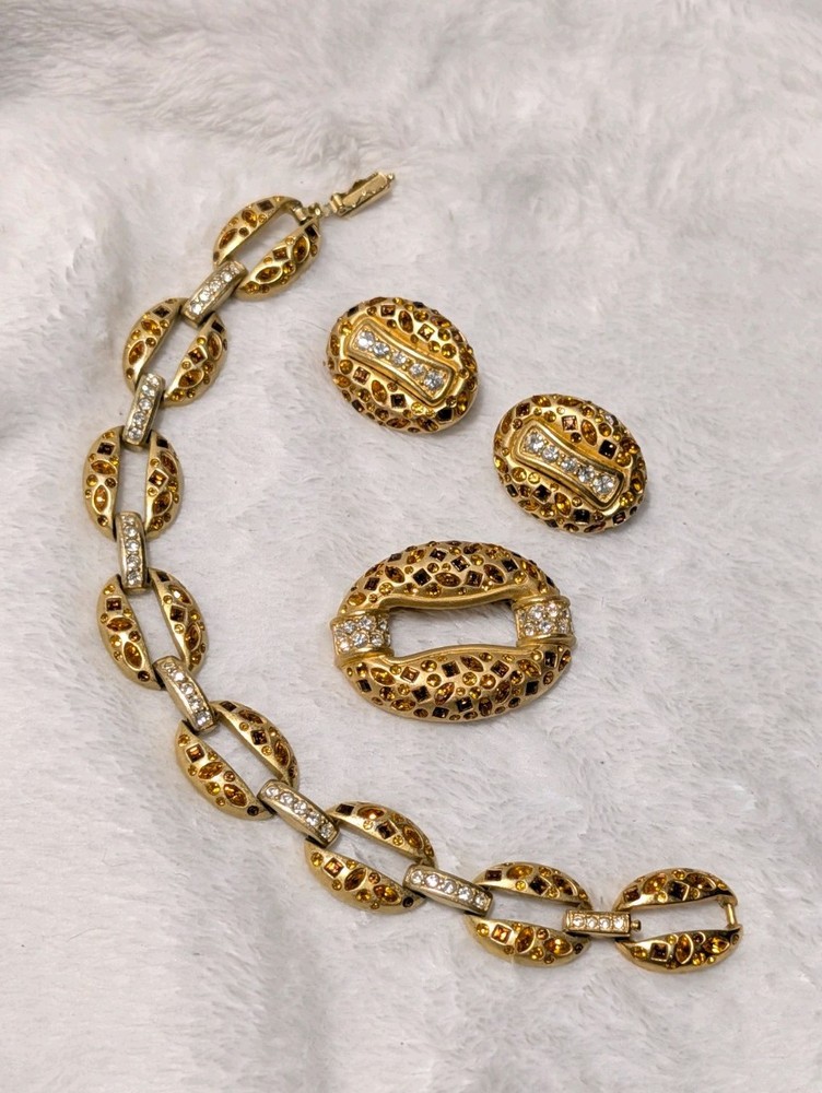 Vintage Swarovski Swan Signed Amber & Clear Crystal Gold-Tone Jewelry Set