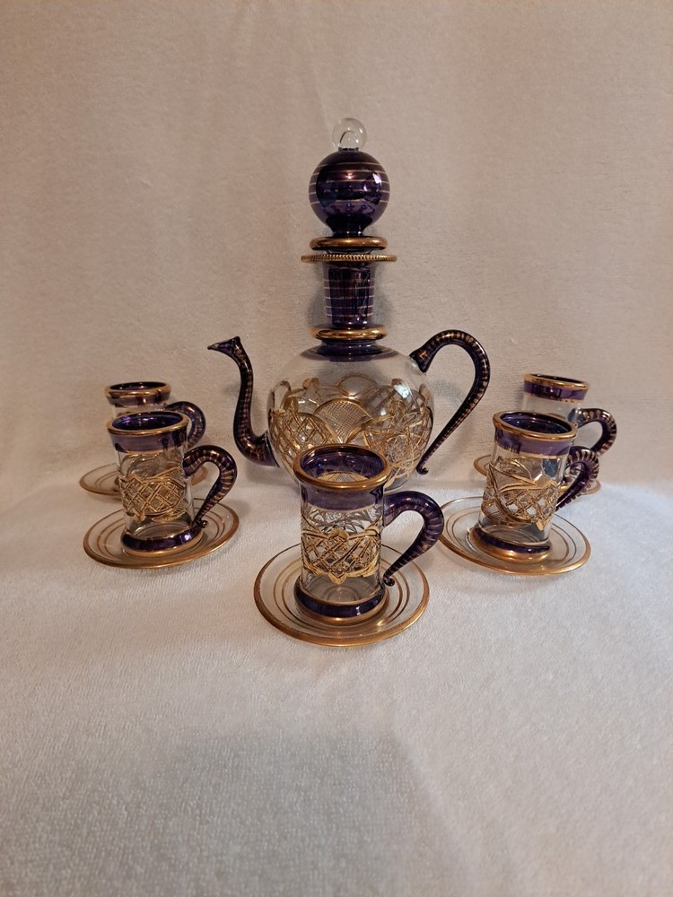 VTG Turkish Tea/Coffee Set with Pot, 5 Cups/5 Saucers Creamer/Sugar Purple/Gold