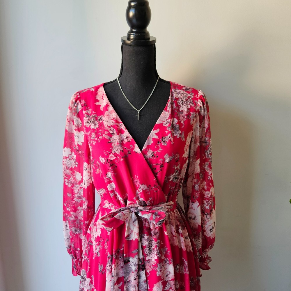 Taylor Women’s Pink Floral Wrap Dress Size 8 Long Sleeve Belted Midi