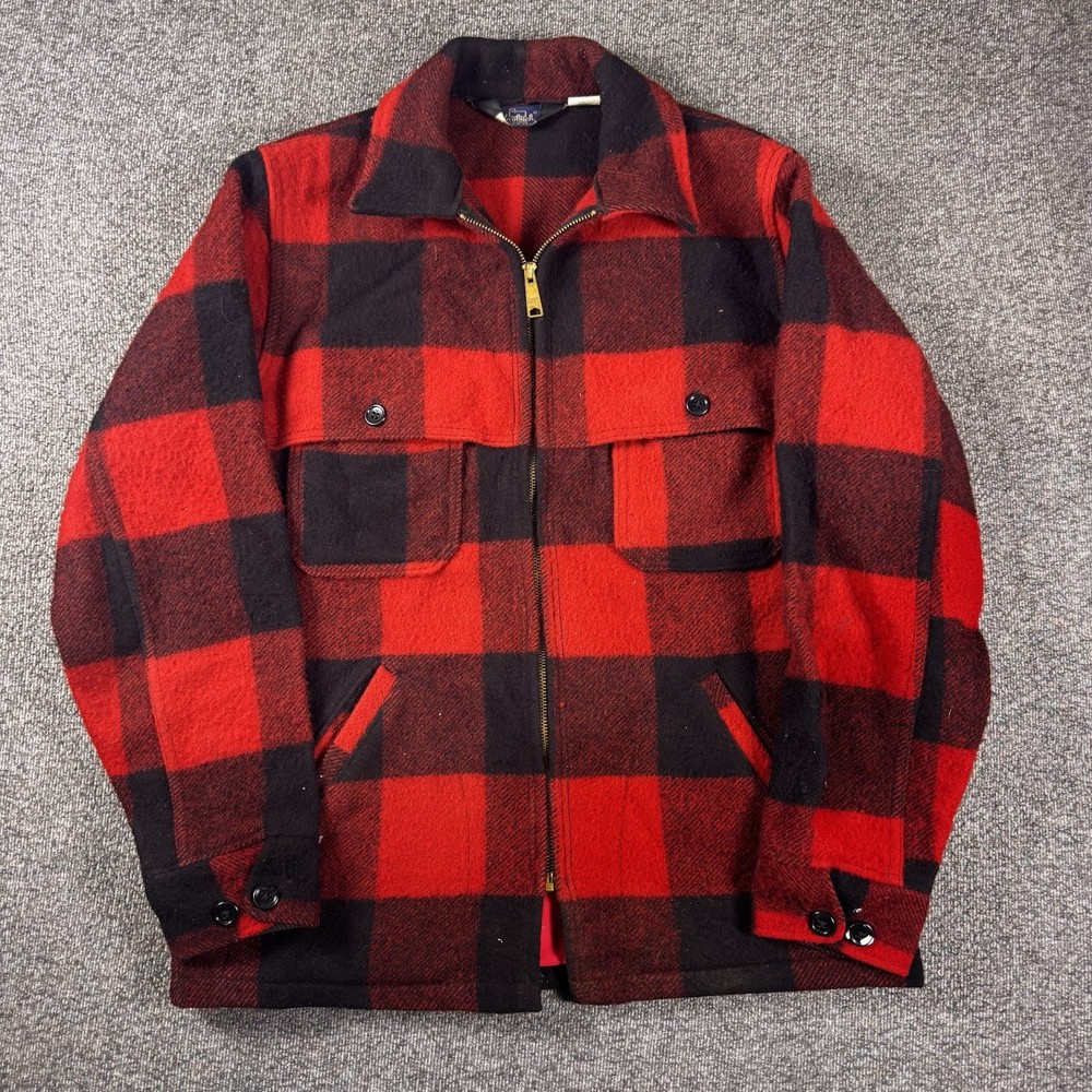 Woolrich Vintage Wool Cape Coat Jacket Mens M Red Buffalo Plaid Full Zip USA