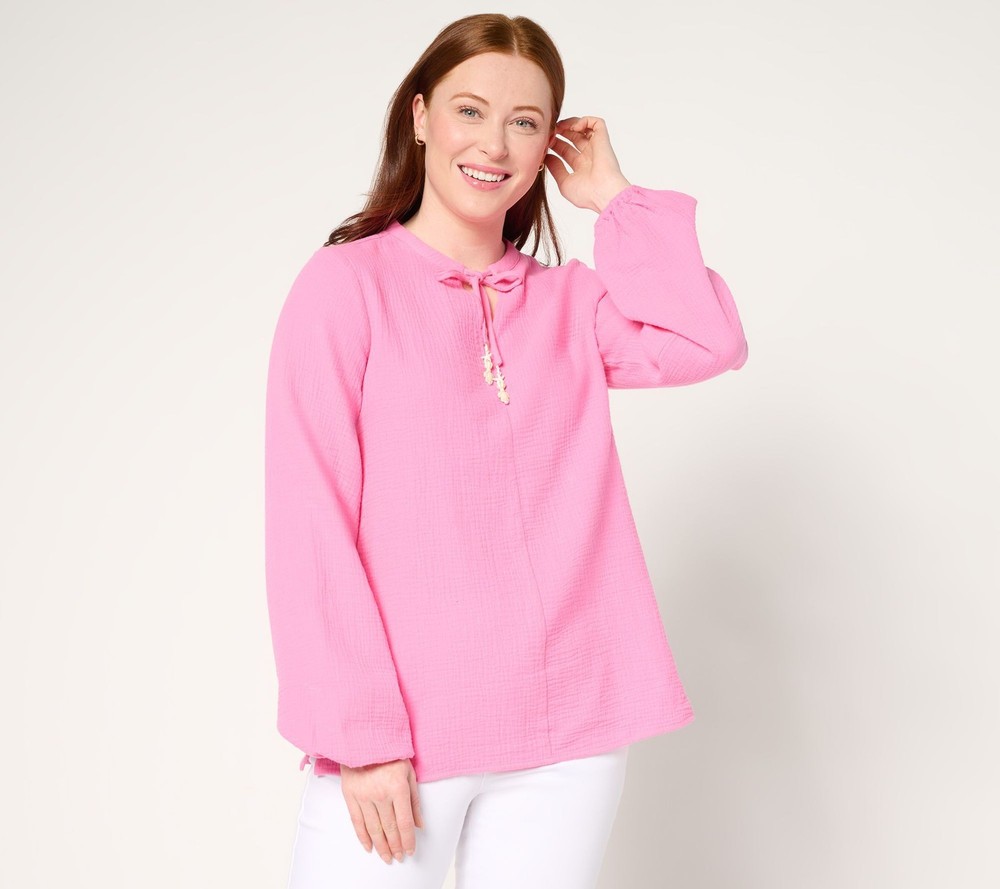 Belle by Kim Gravel Women's Top Sz L Beach Club 100% Cotton Gauze Pink A686033