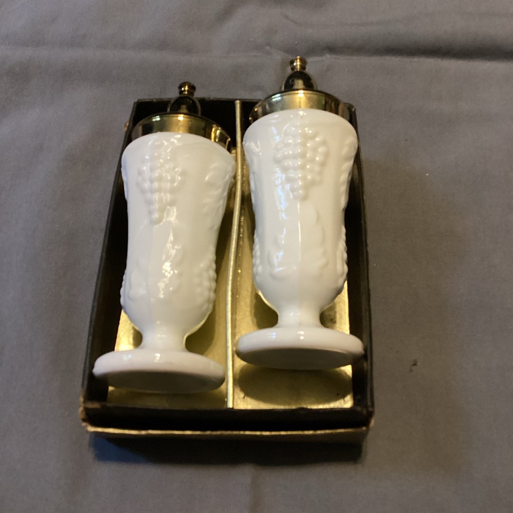 Vintage Milk Glass Salt & Pepper Shakers Grape Leaf Pattern with box