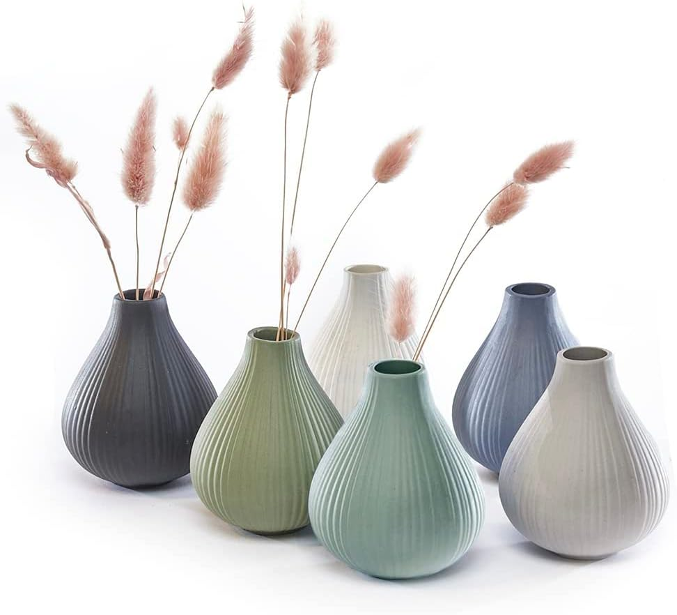 ‘Frost’ Ceramic Flower Vase — Set of 6 Beautiful Small Bud Vases for Flowers & H