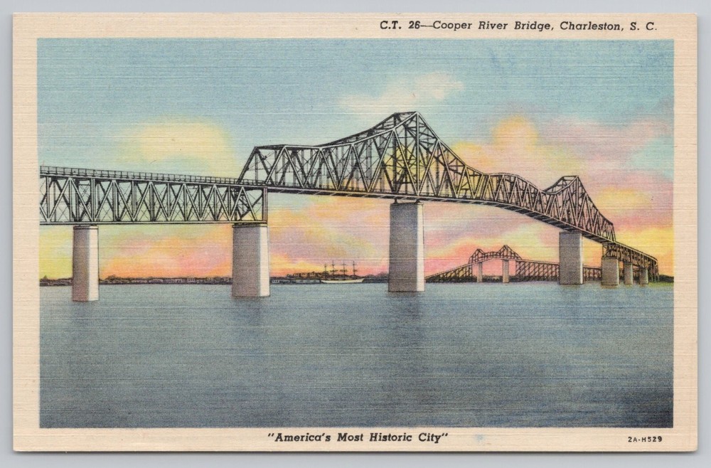 Cooper River Bridge Charleston. SC South Carolina Postcard Linen
