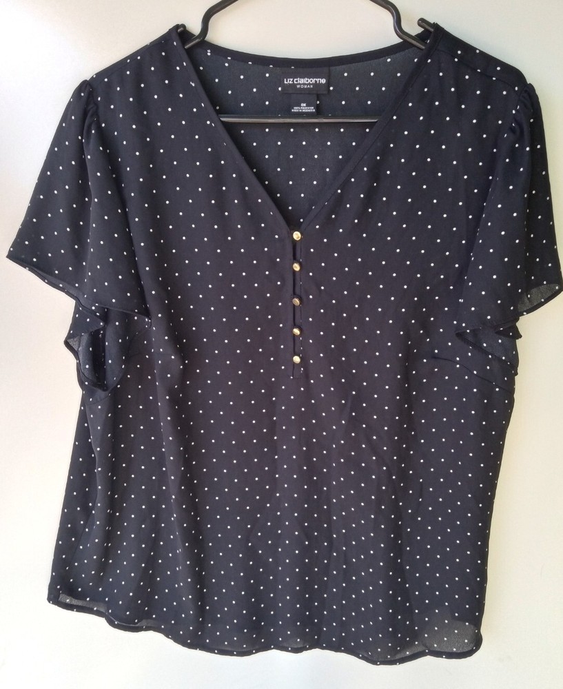 LIZ CLAIBORNE Black White Polka Dot Women's Short Sleeve Lightweight Blouse 0X