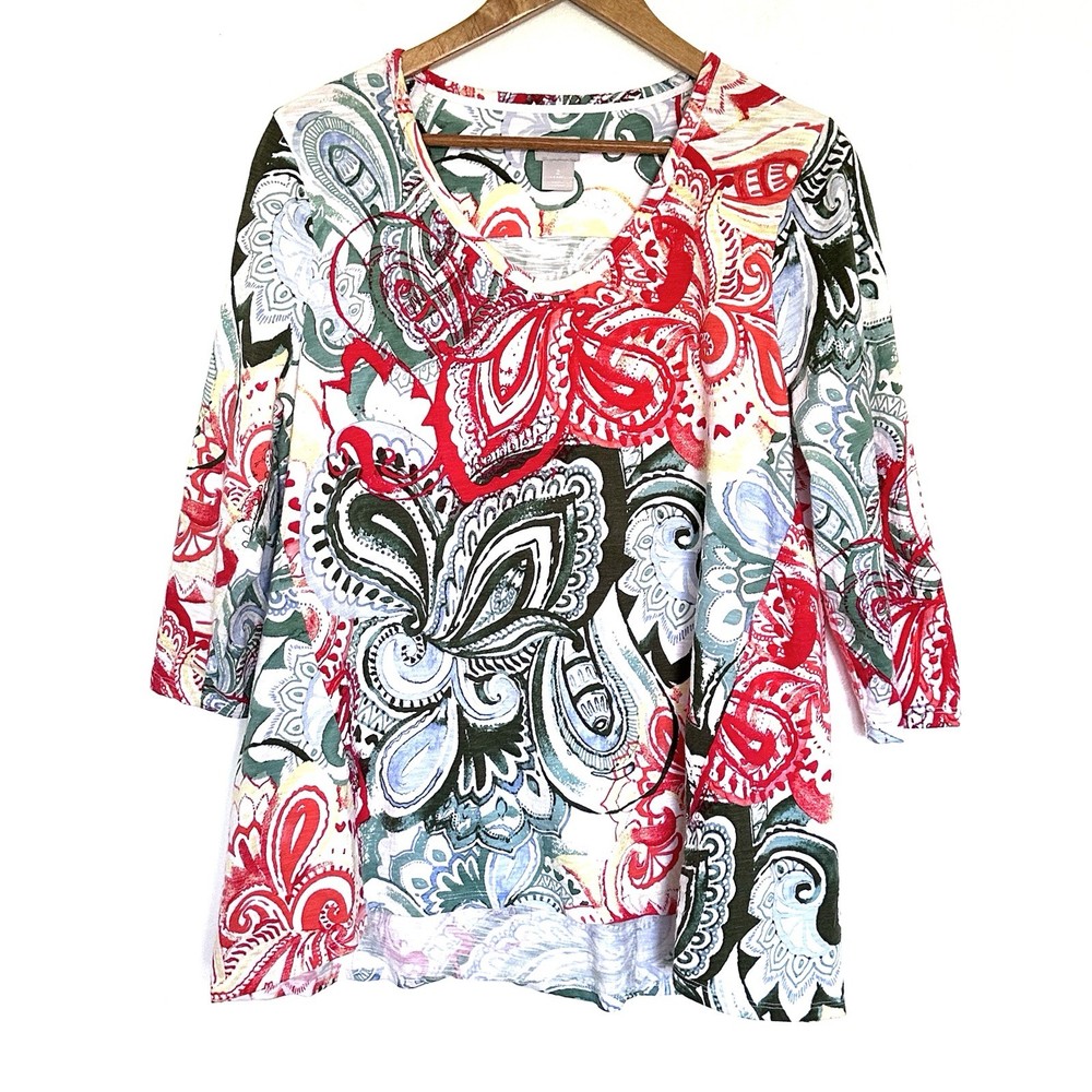 Chico’s Shirt Women’s Large Geometric Boho 3/4 Sleeve Pullover Blouse Top