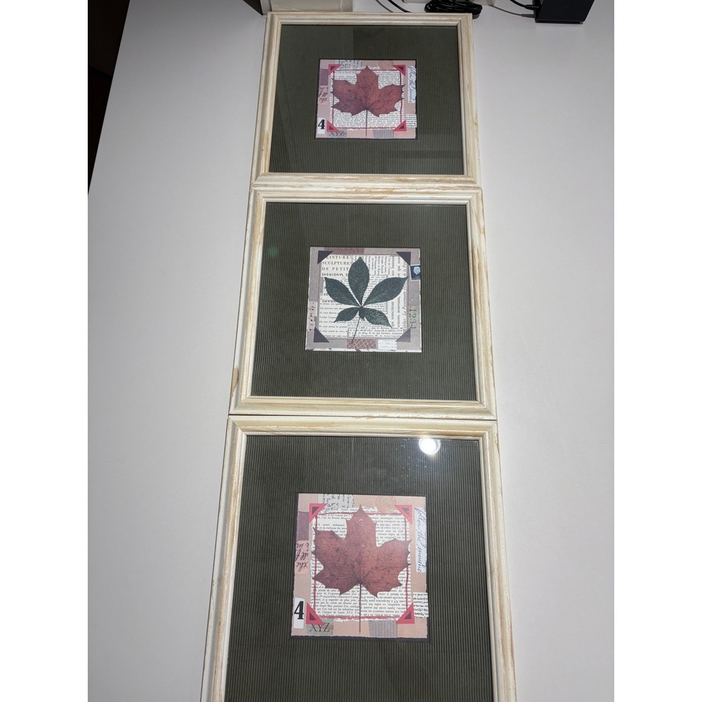 VTG Framed Leaf Wall Art Set of 3 Botanical Collage Prints Rustic Decor