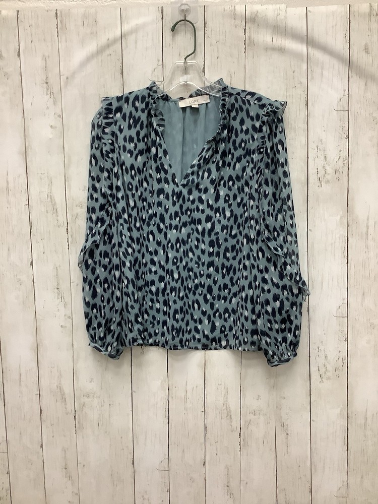 LOFT Medium Teal/Green Leopard Print Ruffle V-Neck Long Sleeve Sheer Blouse