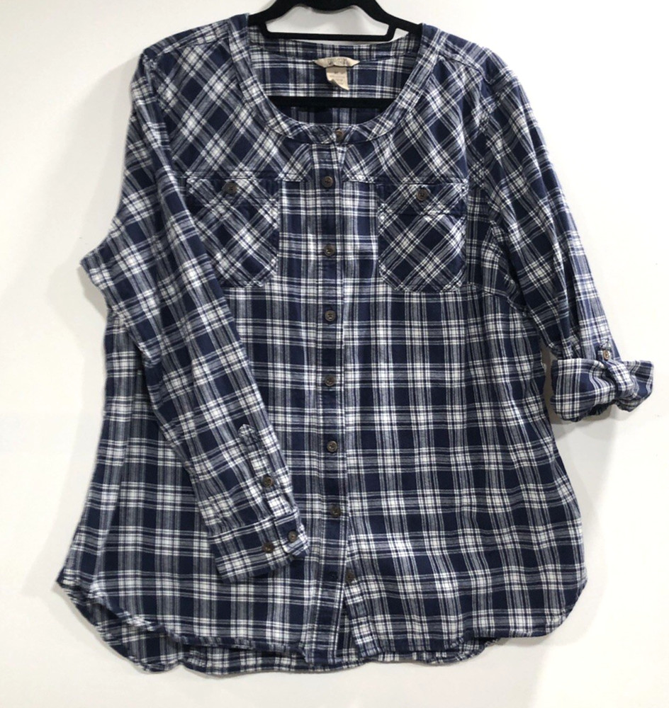 Duluth Trading Co Free Swing Heavy Flannel Shirt XL Blue & White Plaid Button Up