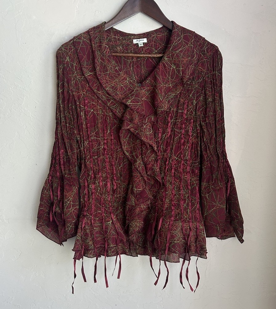 Y2K Vintage 90s Fairy Grunge Beaded Ruffle Button Up Blouse with Fringe Details
