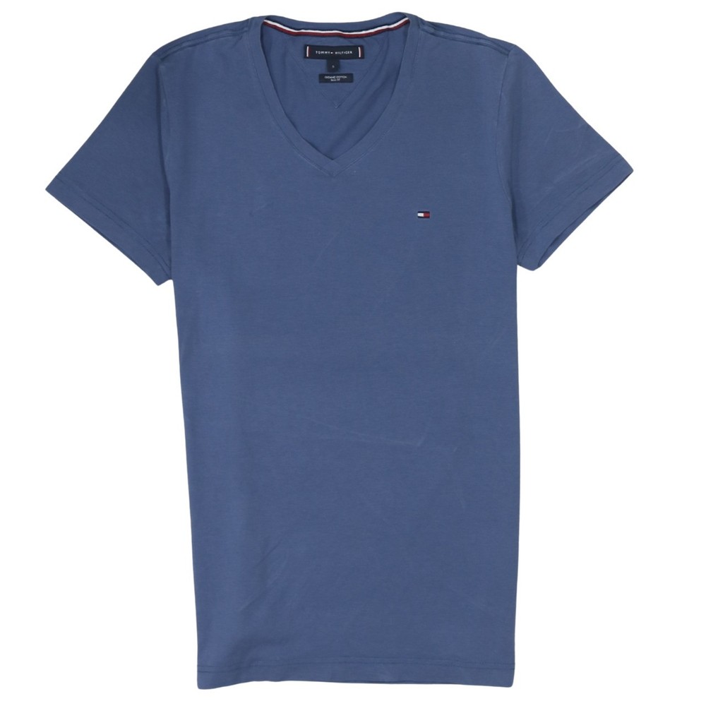 Tommy Hilfiger Mens T Shirt Blue V Neck Cotton Knit Embroidered Flag Logo S