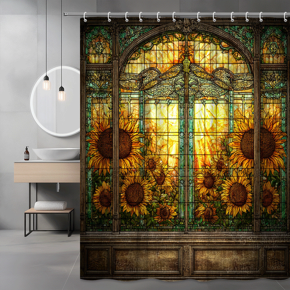 Sunflower Stained Glass Shower Curtain Gothic Floral Window