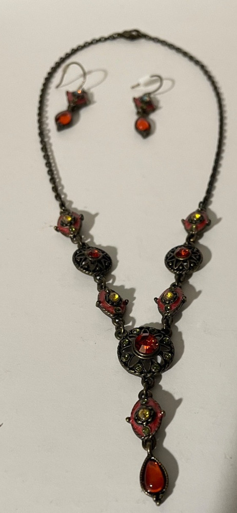 Vtg Nina Ricci Avon Brass Tone Orange Rhinestone & Enamel Y Drop Plunge Necklace