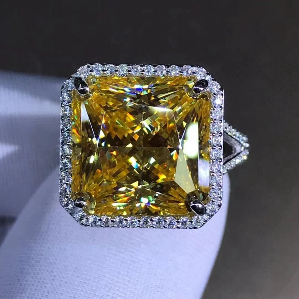 11.5ct Square Radiant Deep Yellow Moissanite 10K Gold Split Shank Ring