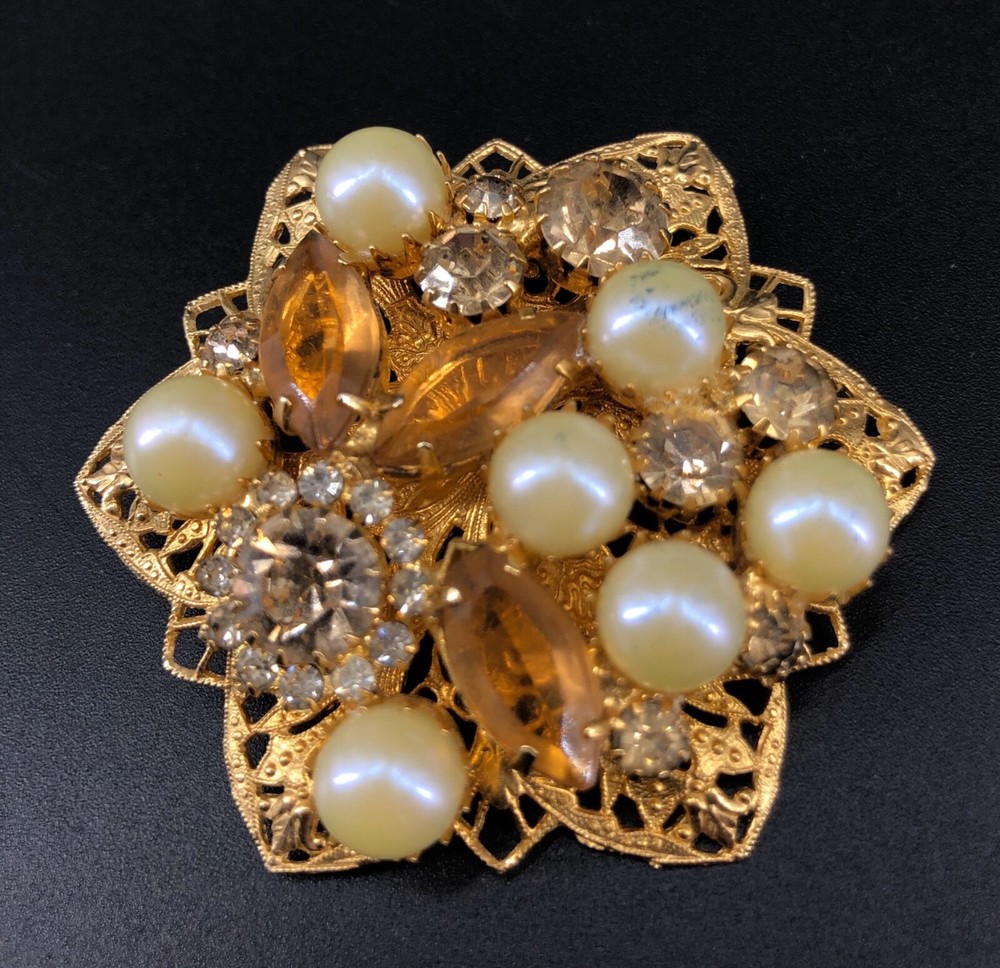 Vintage Amber Faux Pearl Gold Tone Metal Cluster Large Brooch Estate Pin Jewelry