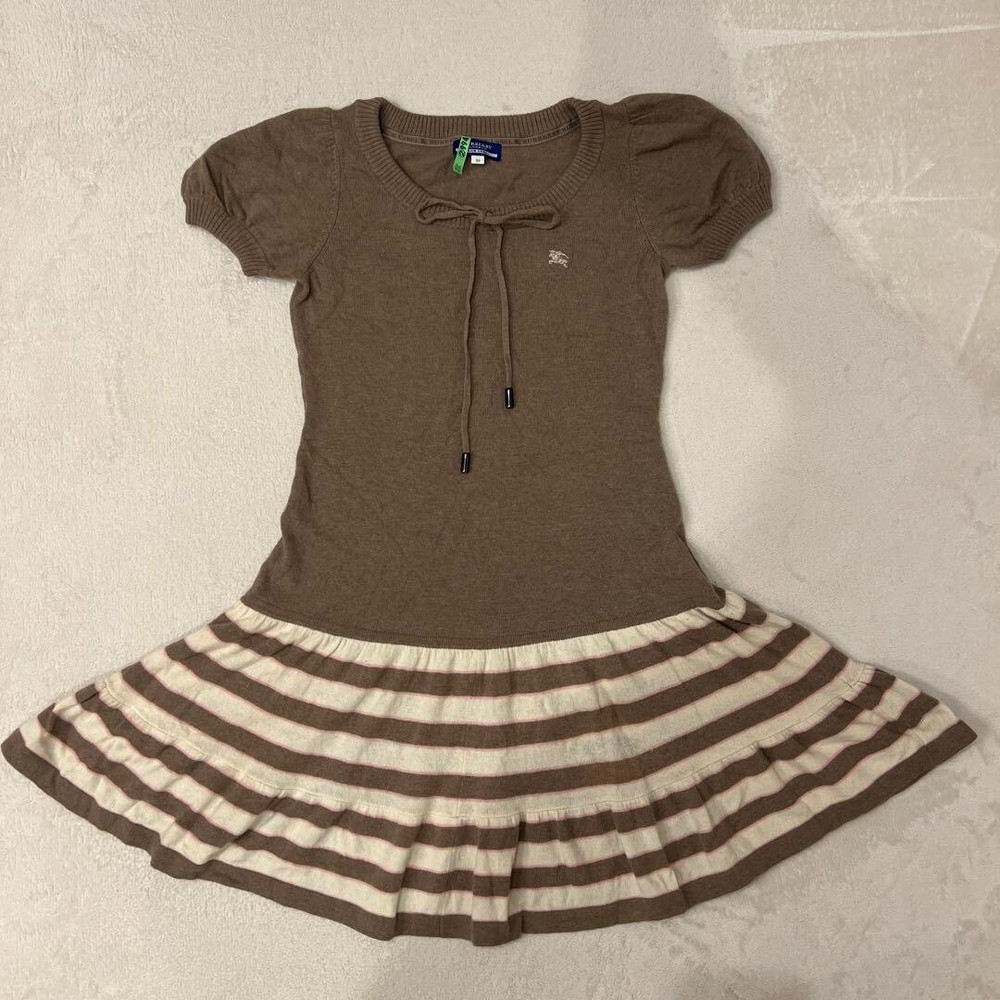 BURBERRY Knit Dress Short Sleeve Flare Skirt Border Brown Women Size 38 Used