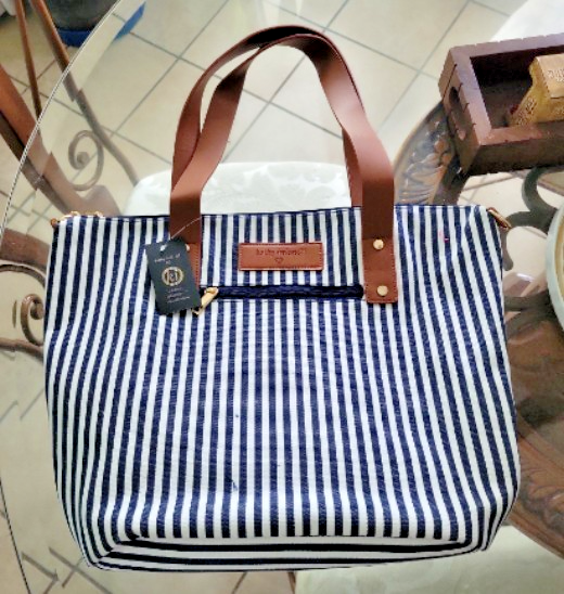 Kathy Ireland Navy White Striped Preppy Zip Top Canvas Tote Bag for Beach or Nautical Style
