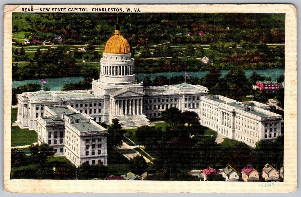 Vtg Linen Postcard State Capitol Gold Dome Charleston, WV 1930s