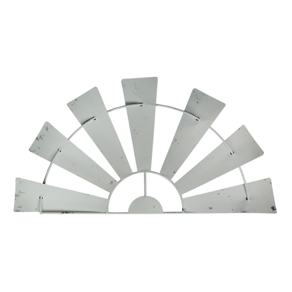 24 Inch Weathered White Metal Half-Windmill Wall Sculpture Rustic Home Decor Art