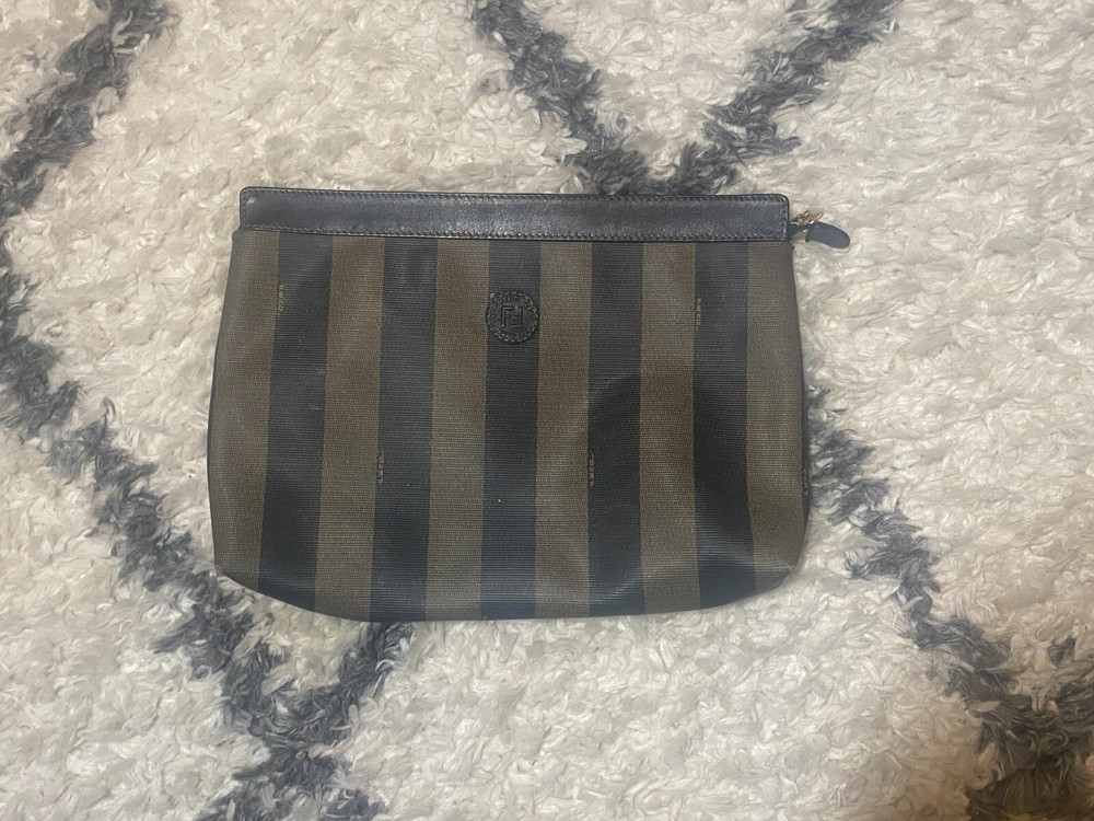 Authentic 90s FENDI Striped Logo Clutch Bag in Black & Brown