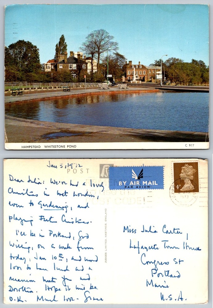 Hampstead Whitestone Pond London England Vintage Postcard 1973 Posted