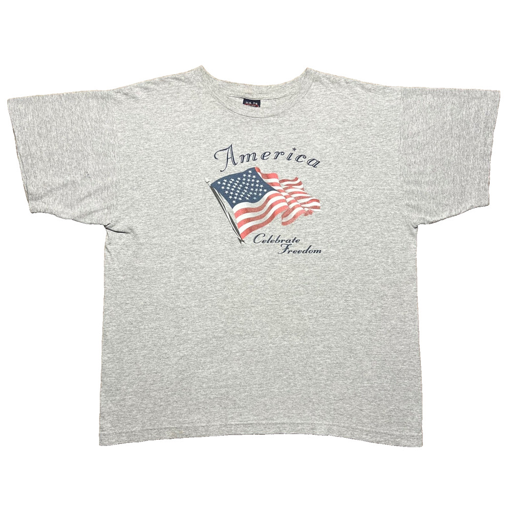 Vintage 90s American Flag Celebrate Freedom Graphic T Shirt Mens XL Grey USA Tee