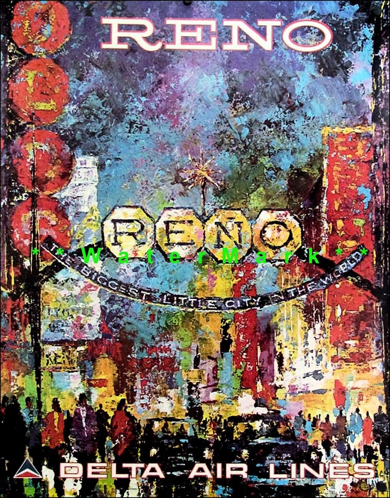 Vintage Reno Nevada Travel Poster The Biggest Little City Western Airline Print