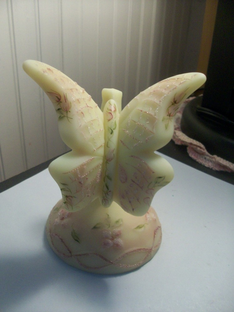 FENTON uranium custard Burmese rosalene art glass butterfly on branch K Sponsler