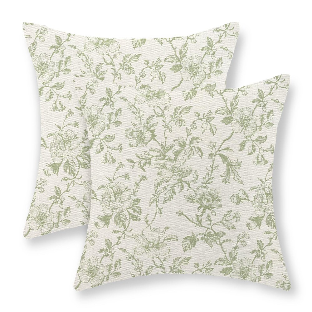 Sage Green Vintage Floral Pillow Covers 18x18 Inch 2 Pcs Green Cream Rustic T...