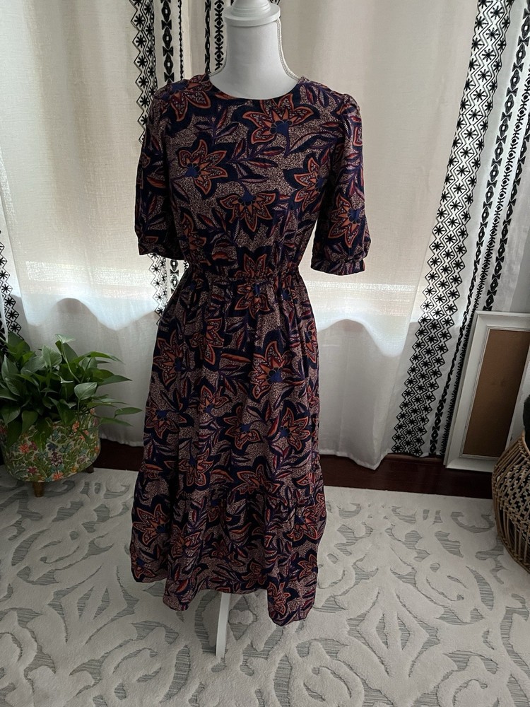 Evereve Noelle Puff Sleeve Open Back Midi Dress Size Small Floral Cotton