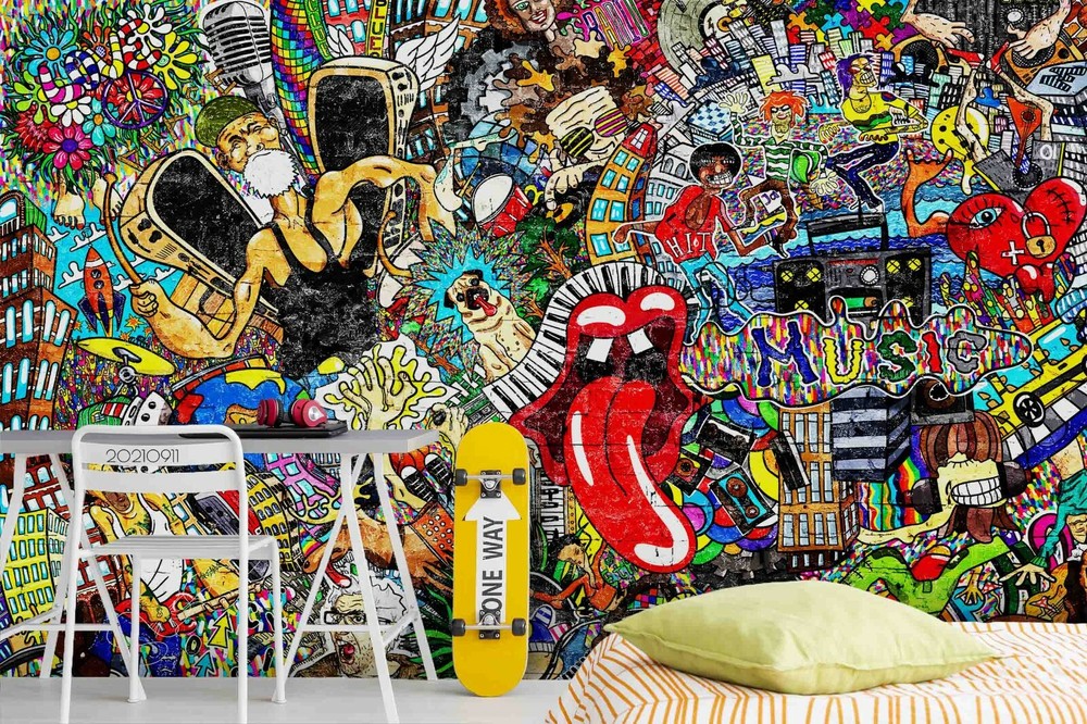 3D Abstract Graffiti Man Music Self-adhesive Removable Wallpaper Murals Wall 207-image