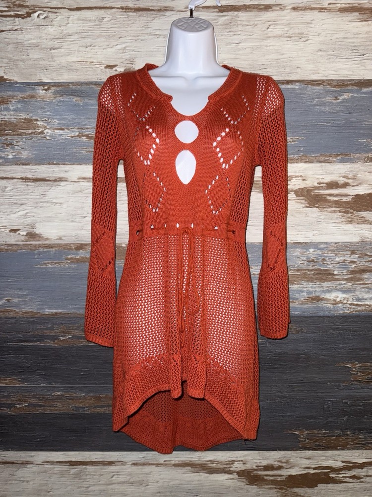 Burnt Orange Knit Crochet Beach Coverup Dress Size S/M Small Medium