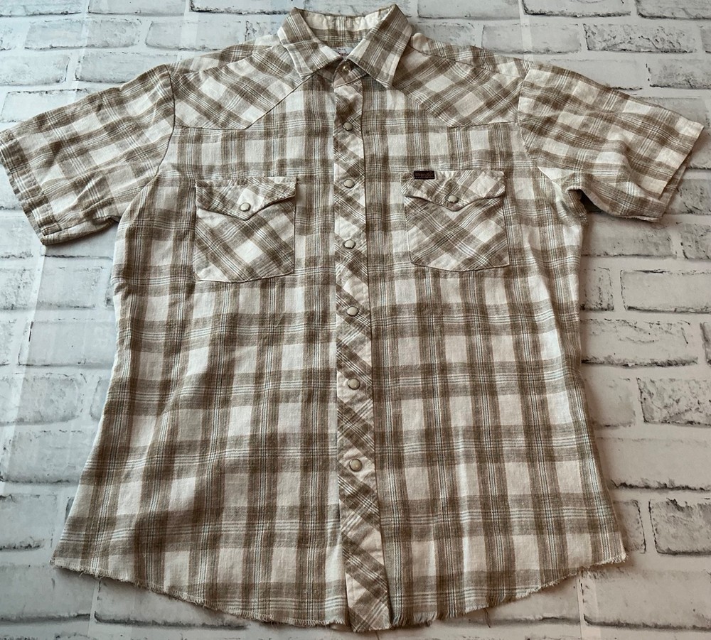 Wrangler Western Pearl Snap Shirt Mens L Brown Plaid Cowboy Landman Rockabilly