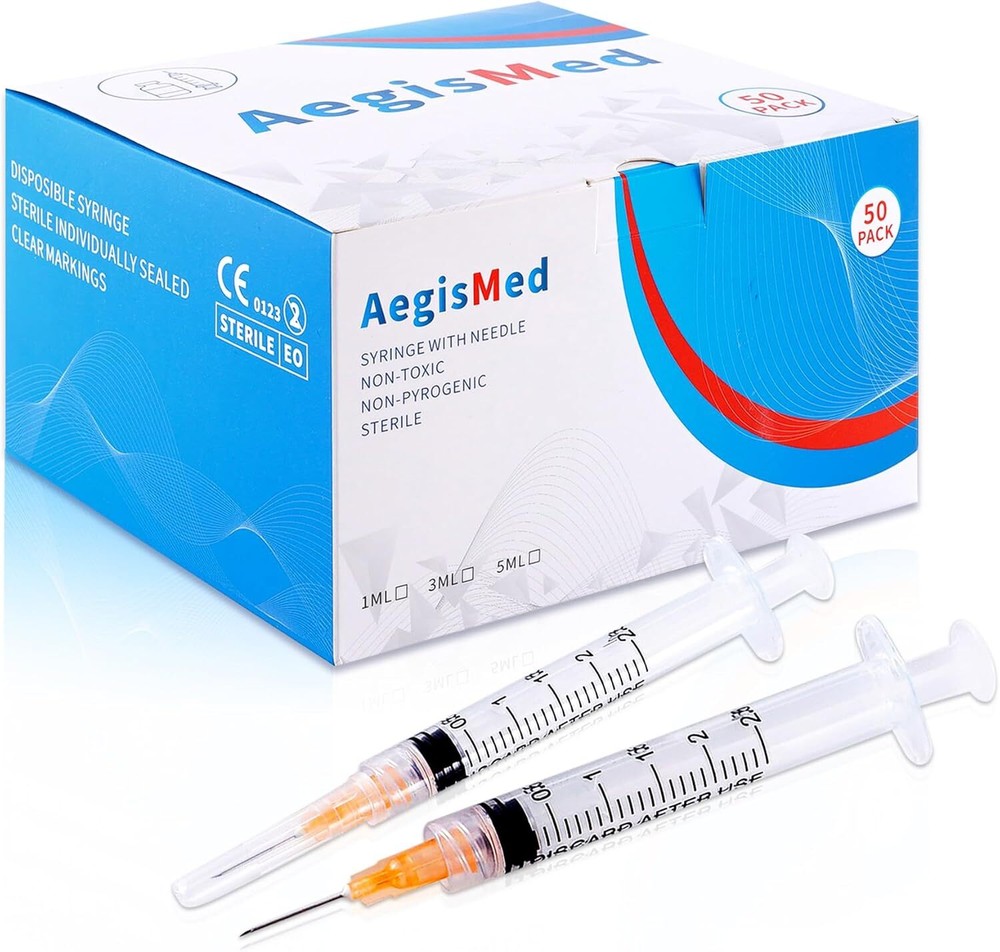 50 Pack 2.5ml Luer Lock Syringes with 25G 5/8 Inch Needles, Disposable